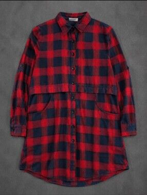 Hotouch Women's Buffalo Plaid Shirt Dress Red Black Flannel Button Front Pockets